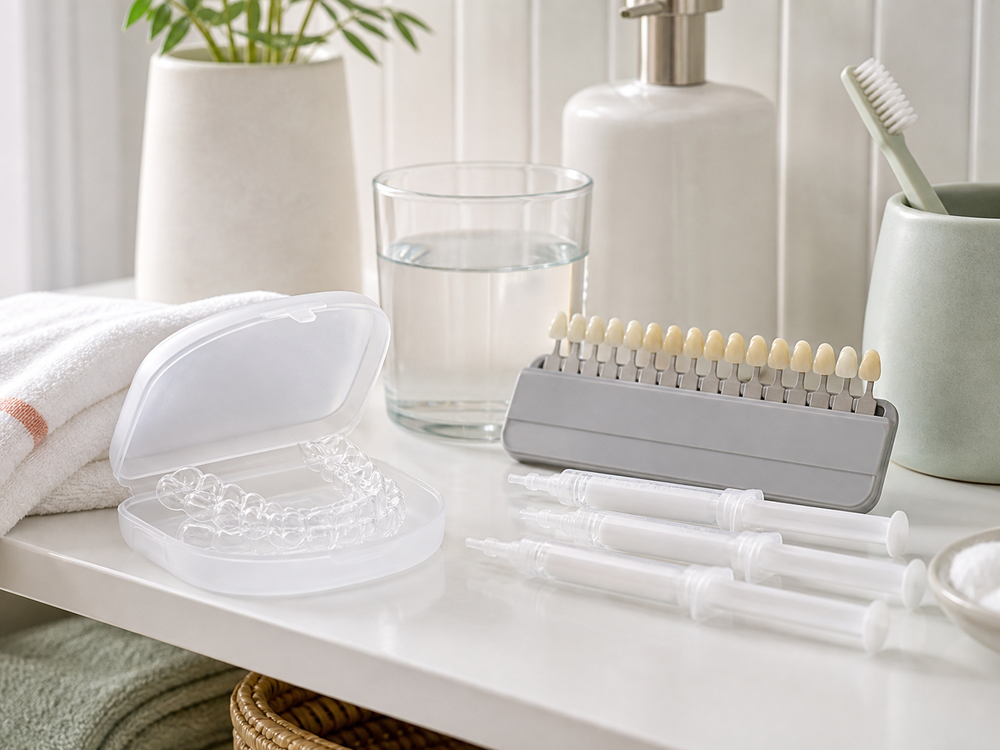 Whitening tray case, gel syringes, shade guide, and soft dental care items