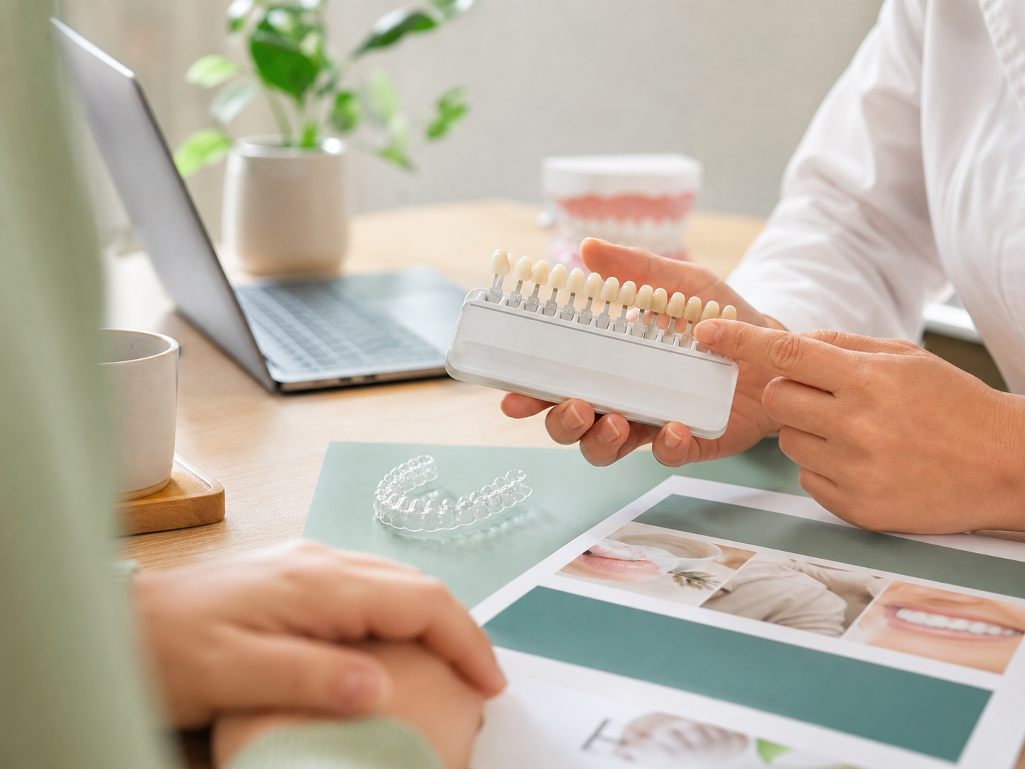 Dental professional hands comparing a whitening shade guide during a consultation